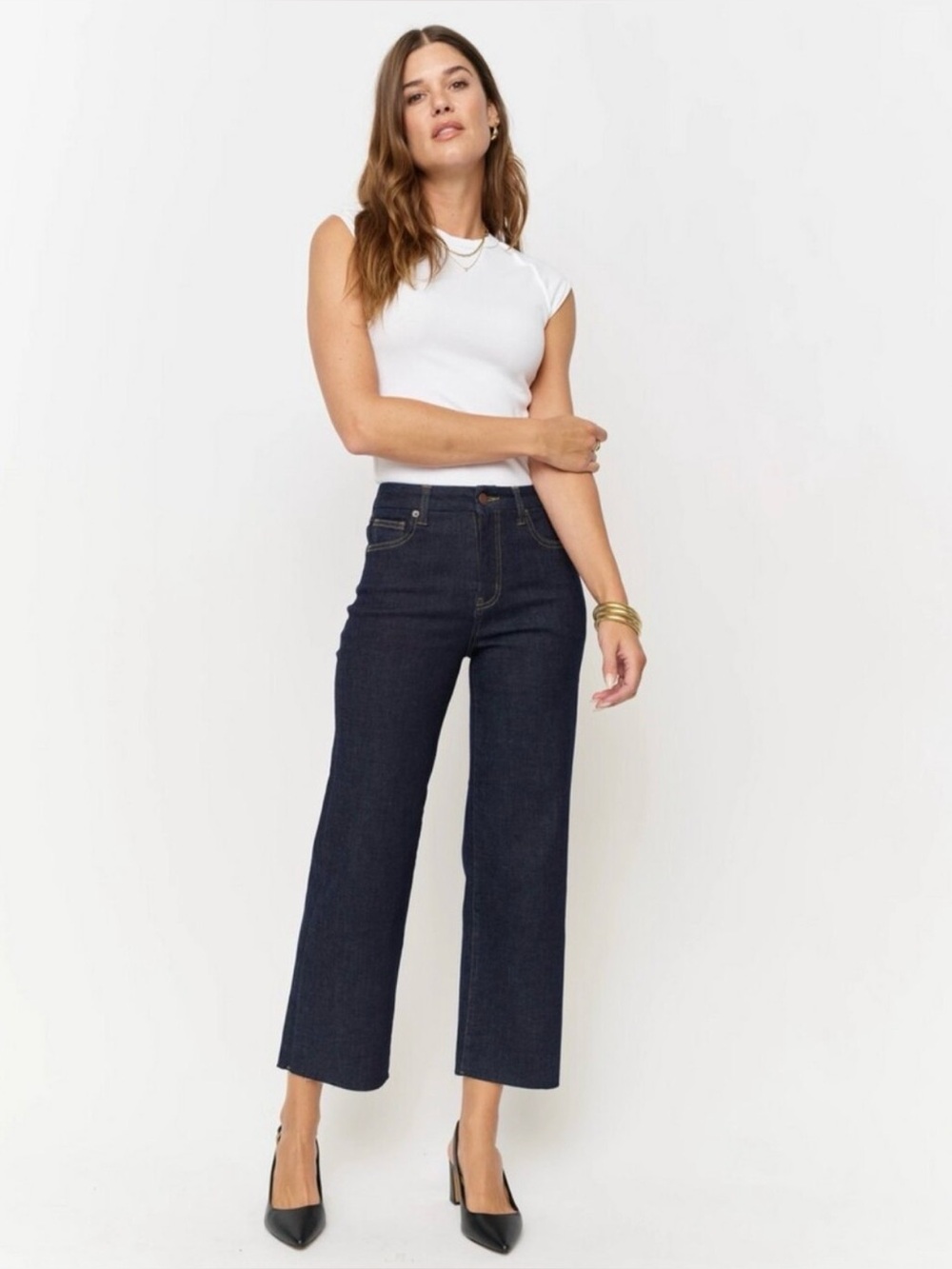 Oliver Logan Aberdeen High-Rise Dark Wash Wide Leg Crop Raw Hem Jeans Size 26P
